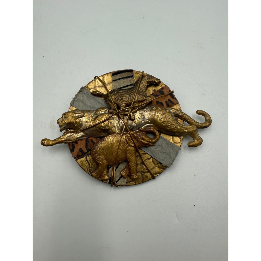 Vintage Safari Animal Brooch Gold Tone Cheetah Elephant Zebra Mixed Media